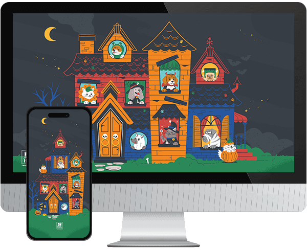 Desktop & mobile example of  "Paw-loween" pet wallpaper for phones